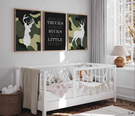 Buck deer nursery decor for boys military green camo, ducks trucks eight point bucks that's what little boys are made of kids hunting quote