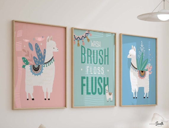 Llama bathroom, alpaca llama cactus childish cute set, llama themed bathroom wall art prints decorations, set of 3 llamas for kid's bathroom