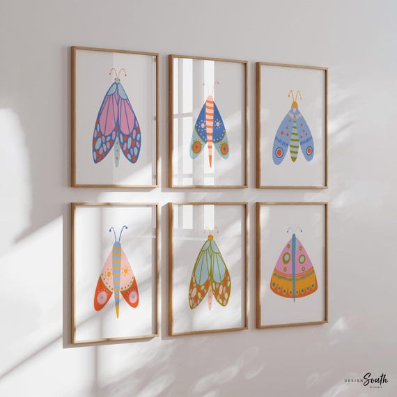 Butterfly folk art print collection, set of 6 art girl bedroom butterflies, modern cute colorful folk art butterfly, unique butterfly decor