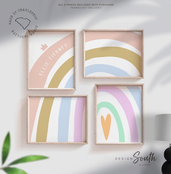 Girl nursery wall decor, modern purple blue heart girls name, nursery design ideas, princess dream room, light pastel color rainbow room art