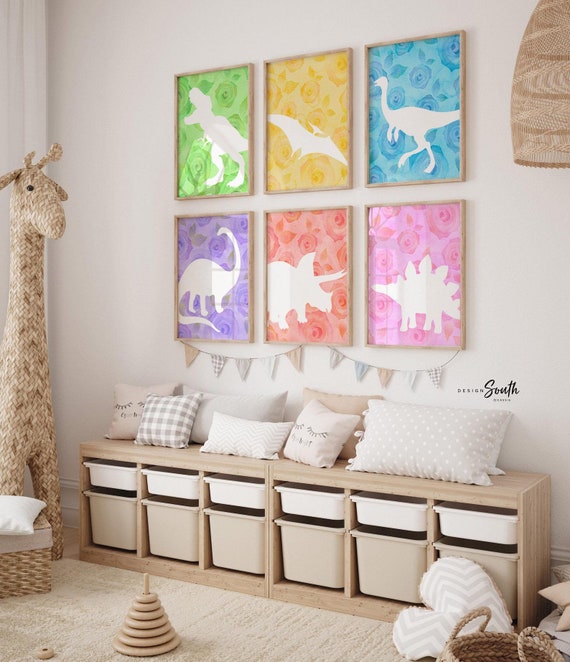 Girly floral dinosaur decor, girl's room flower dinosaur art, pink yellow green blue dinosaur themed art, girl dinosaur room, girl dinosaurs