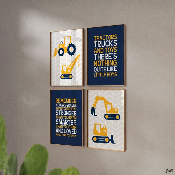 Tractors trucks & toys theres nothing quite like little boys, remember you are braver, digger art print, construction trucks room wall decor