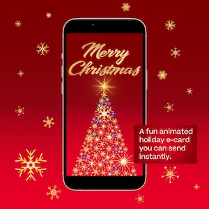 May include: A smartphone displays a festive Christmas e-card against a red background. The e-card features a Christmas tree made of snowflakes and the words "Merry Christmas" in gold script. Gold snowflakes are scattered around the phone.