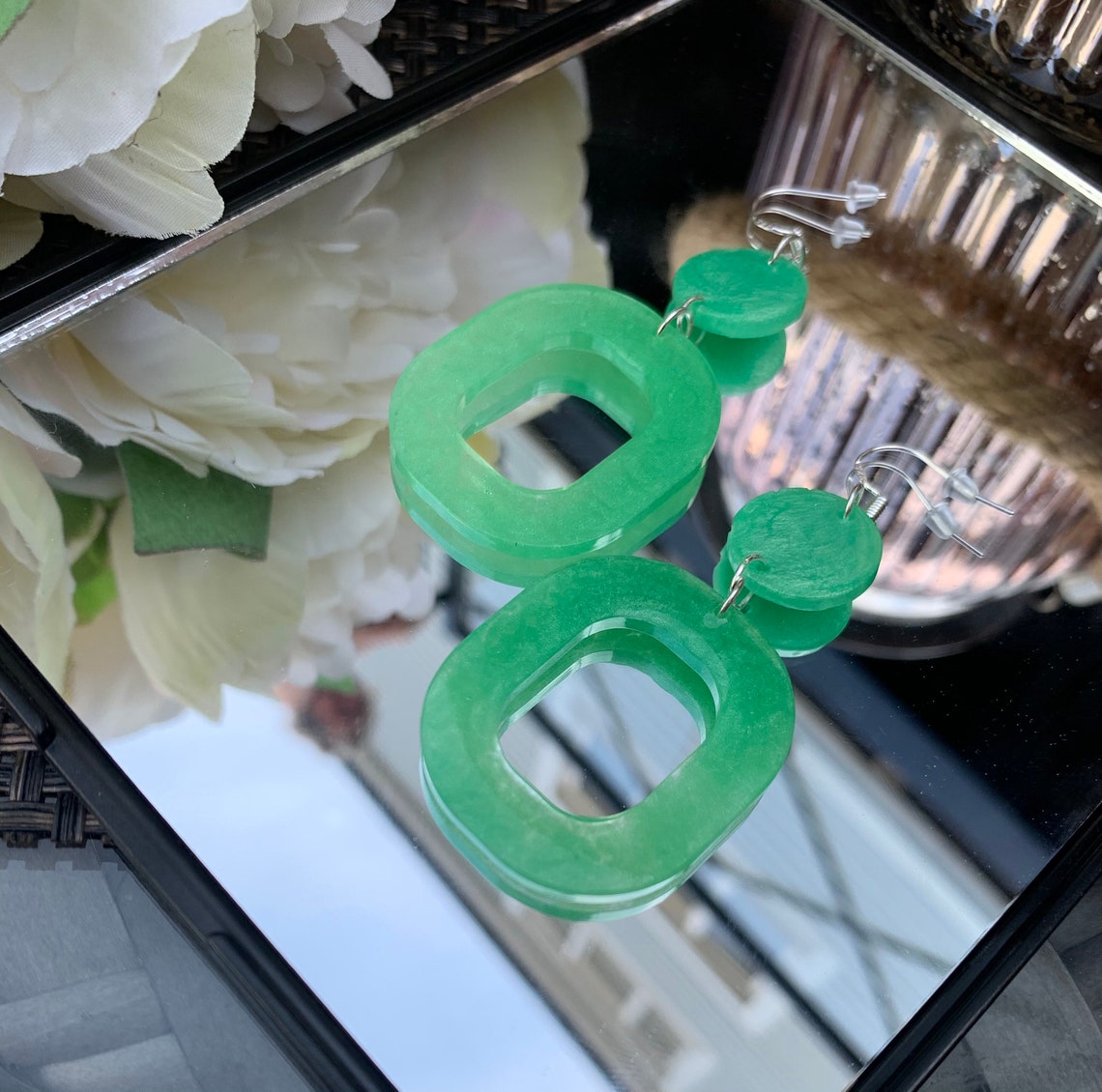 Handmade Green Dangle Earrings Sterling Silver & Resin Etsy