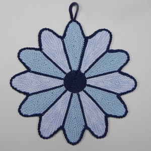 Könnte beinhalten: Ein blauer und weißer gehäkelter Blumentopfhalter mit einer Schlaufe zum Aufhängen.