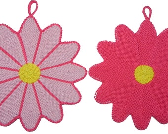 Topflappen Blume 3, Stricken, Baumwolle, Garten, Wohnen, Untersetzer, Küche, Kochen, Essen