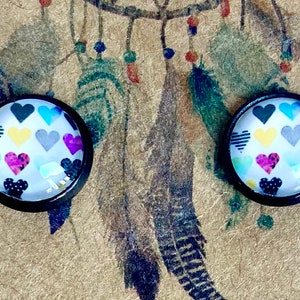 Colorful Hearts Glass Stud Bezel Setting Earrings, Stainless Steel Earrings, Unique Gift, Earrings for Mom/Gift for Friend