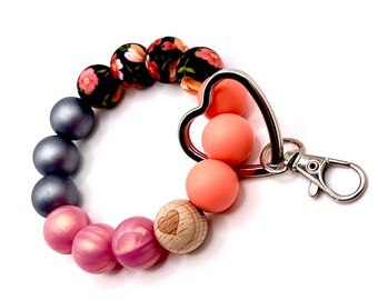 Personalized Silicone Bead Keychain Bracelet For Women - Wristlet Key Holder With Leather Tassel (Light Pink Marble) - View #4