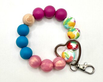 Personalized Silicone Bead Keychain Bracelet For Women - Wristlet Key Holder With Leather Tassel (Light Pink Marble) - View #6