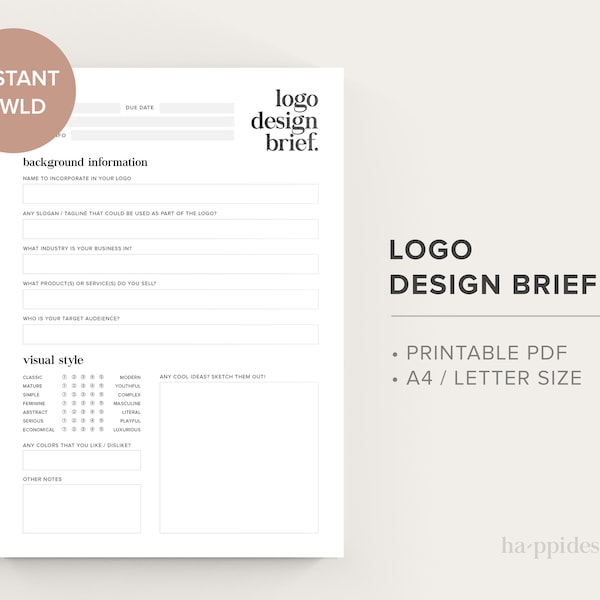 Logo Design Brief – Printable PDF – A4 & Letter Size – Creative Brief – Client Questionnaire – Instant Download