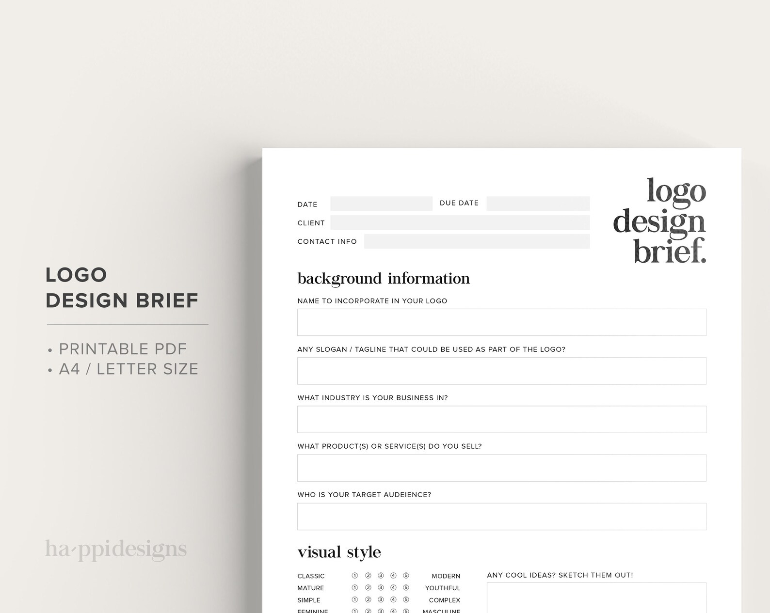 Logo Design Brief Printable PDF A4 & Letter Size Etsy