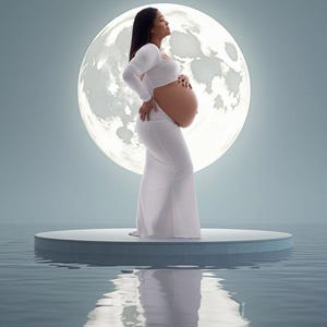 May include: A pregnant woman in a white dress stands on a platform in front of a large, bright moon. The water reflects the moon and the woman.