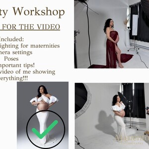 May include: Image promoting a maternity workshop. The image includes a woman in a red dress and a white dress, posing for photos. Text on the image reads "Maternity Workshop" and "CLICK HERE FOR THE VIDEO."