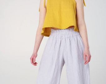 Linen Pants Palazzo High Waist Elegant Softened Linen Casual Pants Elastic Waist Washed Linen