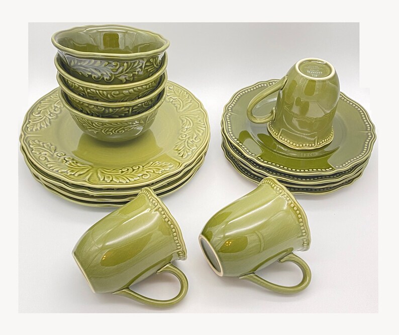 16piece JC Penney Amberly Dinnerware Set, Stoneware, Olive Green Etsy