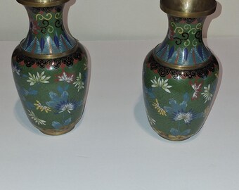 Vintage A Pair 19/20th Chinese Cloisonne Vases Flora Motif 1004