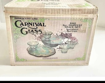 Vintage 4 Indiana Carnival Glass Iridescent Lime Green Snack Set Never Been Used