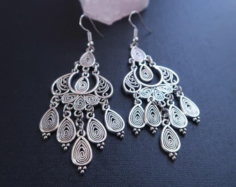 Silver chandelier earrings, Boho drop earrings, Chandelier earrings, Statement earrings, Teardrop dangle earrings, Silver earrings for woman