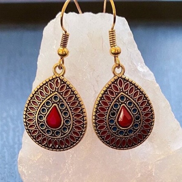 Boho teardrop earrings,  Indian drop earrings, Ethnic red earrings, Vintage enameled earrings,  Colorful dangle earrings, Bohemian jewelry
