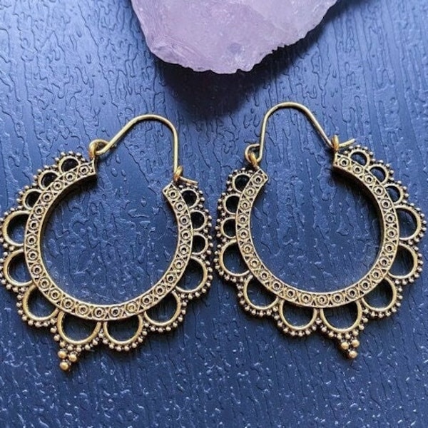 Boho gold hoops, Floral hoop earrings, Bohemian circle earrings, Flower hoops, Gold petal hoop earrings, Antique tribal hoops, Boho jewelry