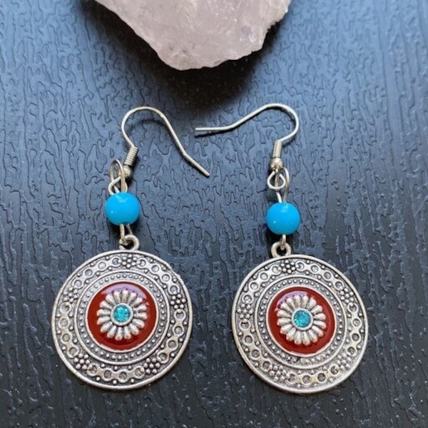Boho drop earrings, Silver circle earrings, Antique tribal earrings, Hippie dangle earrings, Indian floral earrings, Bohemian jewelry