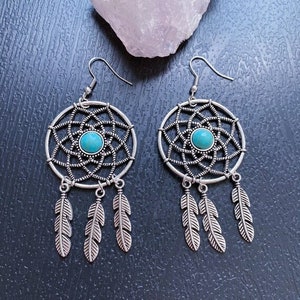 Tribal dreamcatcher earrings, Silver dreamcatcher dangle earrings, Boho turquoise statement earrings, Ethnic feather drop earrings for woman