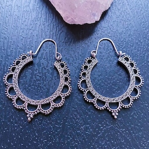 Silver hoop earrings, Boho flower hoops, Bohemian circle earrings, Exotic silver earrings, Golden floral hoops, Boho jewelry for woman