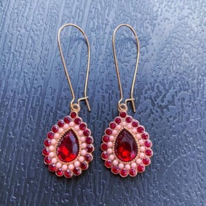 Ruby red drop earrings, Vintage dangle earrings, Elegant teardrop crystal earrings, Indian statement earrings, Gold hook earrings for woman