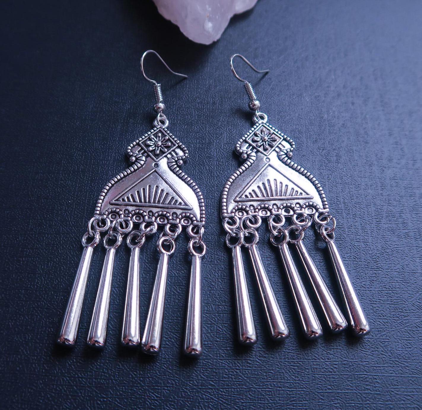 Boho tribal earrings, Antique silver dangle earrings,  Ethnic drop earrings, Statement earrings, Bohemian long fringe earrings for woman