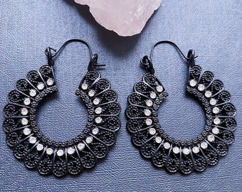 Black floral hoops, Boho mandala flower earrings, Black crystal earrings, Ornate hoop earrings, Black earrings, Bohemian jewelry