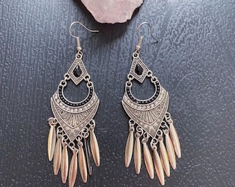 Bohemian tribal chandelier earrings, Antique silver statement earrings, Boho dangle earrings, Vintage drop earrings for woman, Luxe jewelry