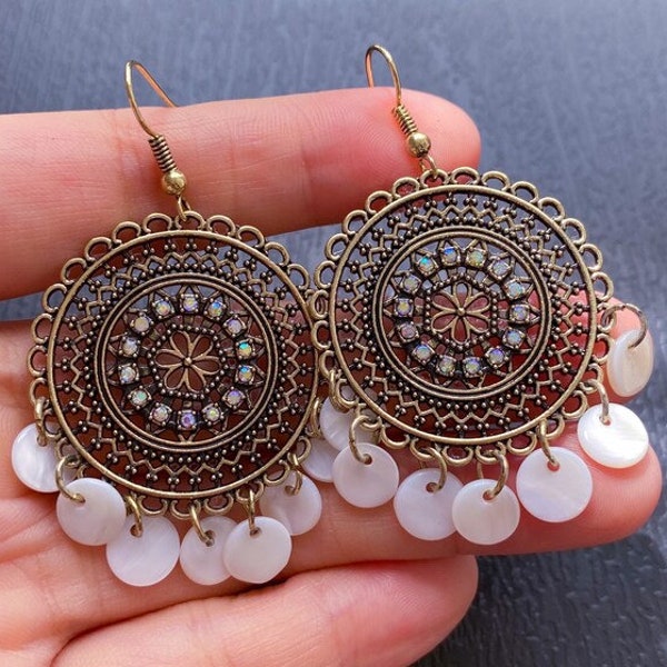 Ornate statement earrings, Indian style earrings, Boho floral dangle earrings, White round shells earrings, Woman vintage copper earrings