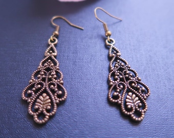 Antique gold dangle earrings, Boho filigree drop earrings, Bronze chandelier earrings, Vintage statement earrings for woman, Boho jewelry