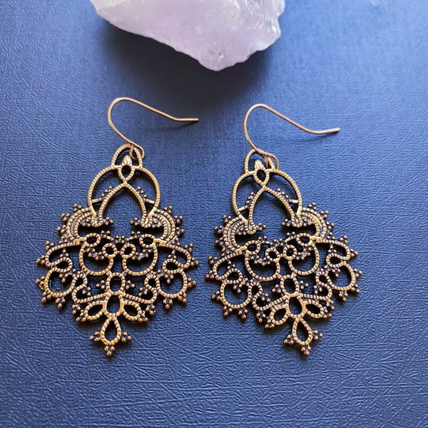 Gold chandelier earrings, Chandelier dangle earrings, Bohemian statement drop earrings, Boho filigree earrings, Woman luxe vintage jewelry