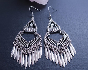 Bohemian silver chandelier earrings, Indian dangle earrings, Vintage statement earrings, Boho triangle drop earrings, Tribal fringe earrings