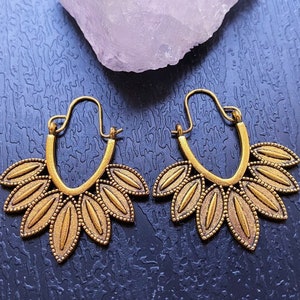 Antique gold earrings, Leaf statement earrings, Boho hoop earrings, Gold leaf hoops, Tribal drop earrings, Golden floral earrings for woman