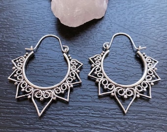 Antique silver earrings, Boho hoop earrings, Silver mandala earrings, Mandala flower hoops, Bohemian tribal earrings, Boho jewelry for women