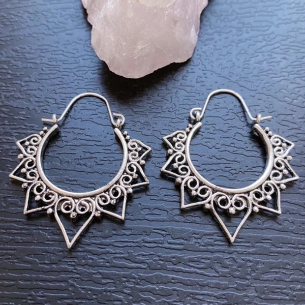 Antique silver earrings, Boho hoop earrings, Silver mandala earrings, Mandala flower hoops, Bohemian tribal earrings, Boho jewelry for women