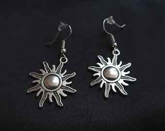 Antique silver sun earrings, Boho sunburst earrings, Goddess sun drop earrings, Apollo earrings,  Bohemian statement earrings for woman