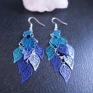Ocean blue cascade earrings, Boho dangle earrings,  Layered leaf earrings, Aqua statement earrings, Bohemian cascading earrings for woman