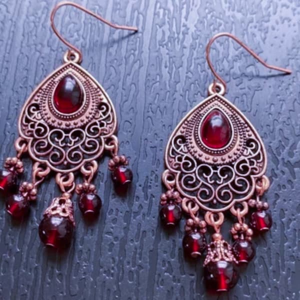 Exquisite rose gold earrings, Vintage style teardrop earrings, Garnet beads drop earrings, Boho filigree flower earrings, Indian jewelry