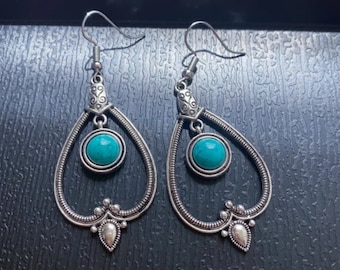 Silver teardrop earrings, Bohemian turquoise earrings, Boho dangle earrings, Indian style pendant earrings, Antique drop earrings