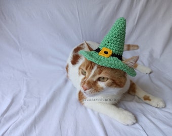 Green Halloween Witch Hat with Yellow Buckle, Crochet Cat and Dog Hat with Ear Holes, Halloween Photo Prop, Halloween Gifts, Pet Accessories