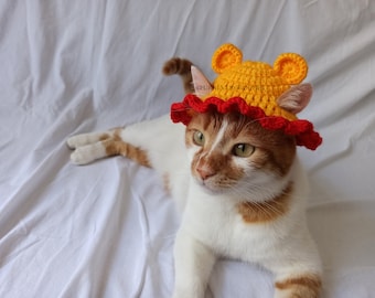 Pooh Crochet Bucket Hat for Cats and Dogs, Winnie The Pooh Inspired, Yellow and Red Bear, Ear Holes Hat, Fun Photo Prop for Pets