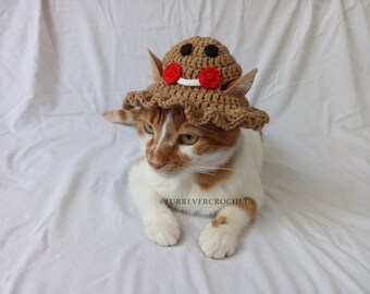 Gingerbread Man Bucket Hat for Cats and Dogs, Gingy Christmas Costume, Cute Xmas Photo Prop, Ear Holes Hat, New Year Gift, Crochet Pet Hat