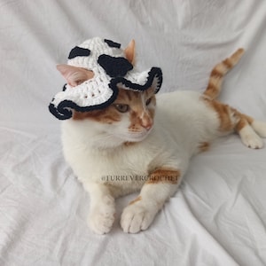 Cow Print Crochet Cat and Dog Bucket Hat, White and Black Pet Accessories, Gifts for Pet Parent