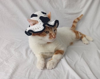 Cow Print Crochet Cat and Dog Bucket Hat, White and Black Pet Accessories, Gifts for Pet Parent