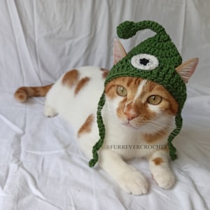May include: A ginger and white cat wearing a green crocheted hat with a white and black eye design. The hat has a curved top and dangling ties. The cat is lying on a white surface. The text "@furrevercrochet" is visible.