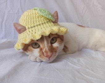 Lemon Cat and Dog Crochet Bucket Hat, with Green Leaf on Top, Cute Pet Accessories, Fruit Themed