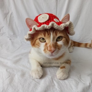 Mushroom Cat and Dog Crochet Bucket Hat, Red Color with Beige Dots On It, Pet Parents Gifts image 4